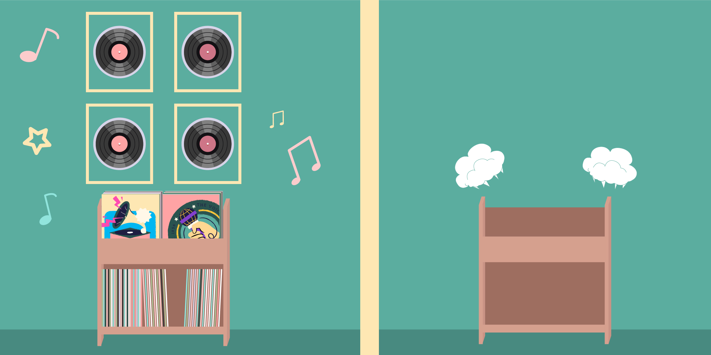 A full music record collection disappears.