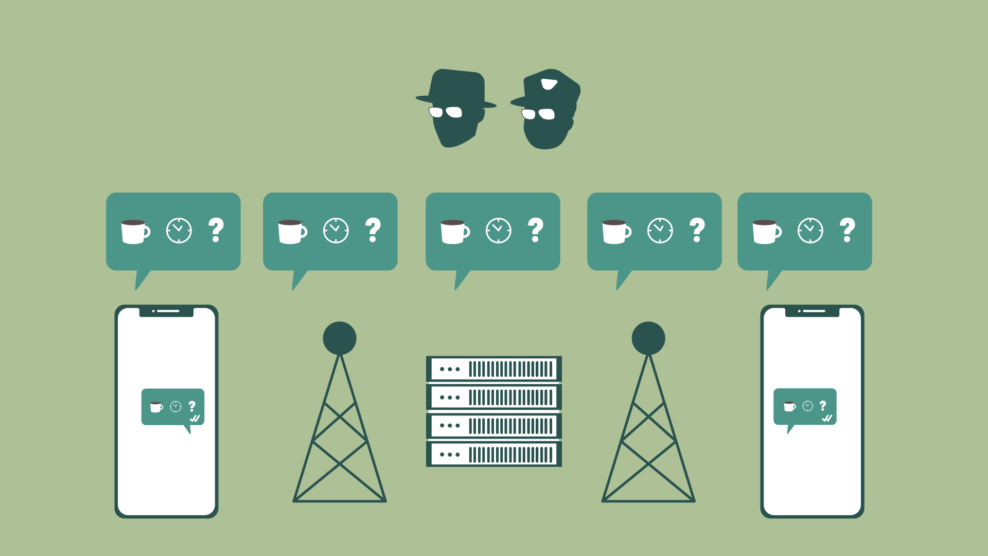 A graphic of law enforcement looks on as an unencrypted text message’s speech bubble shows above a phone, cell tower, servers, cell tower, and recipient phone, revealing the message.