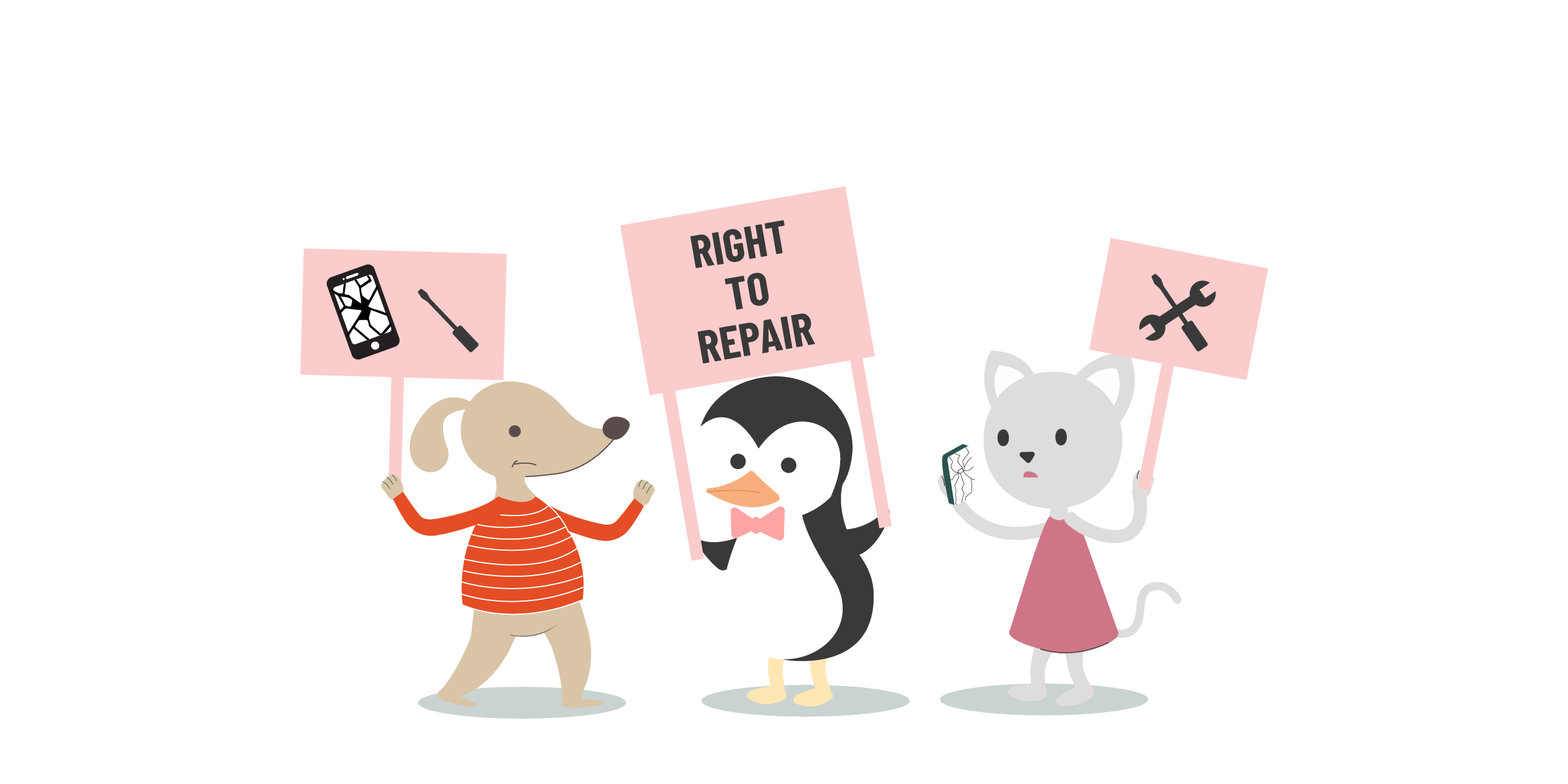  A cat, penguin and dog at a rally, holding signs that support the right to repair.